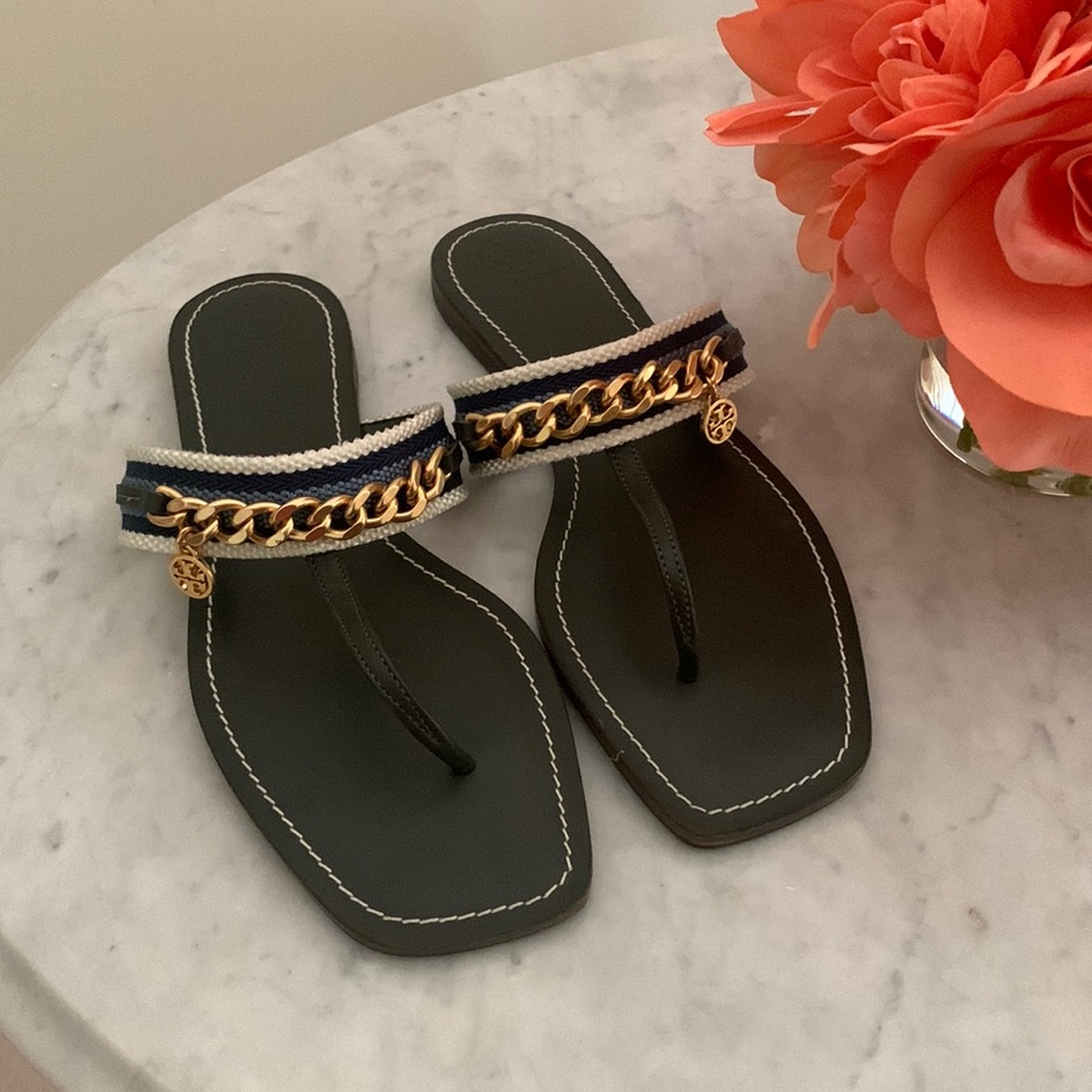New Tory Burch 10.5 sandal flat flipflop slide in us chain authentic